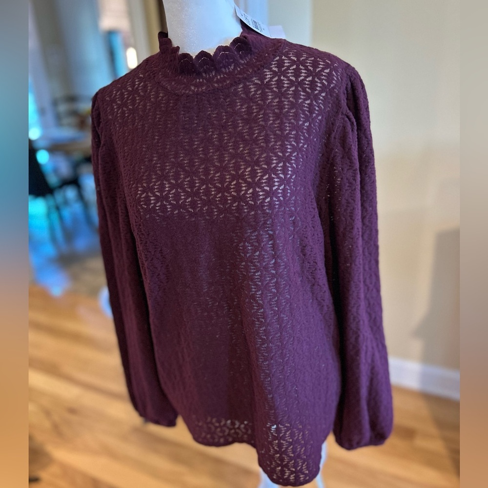 NWT Burgundy Eyelet Mock Neck Blouse Scallop Trim Long Sleeve Top